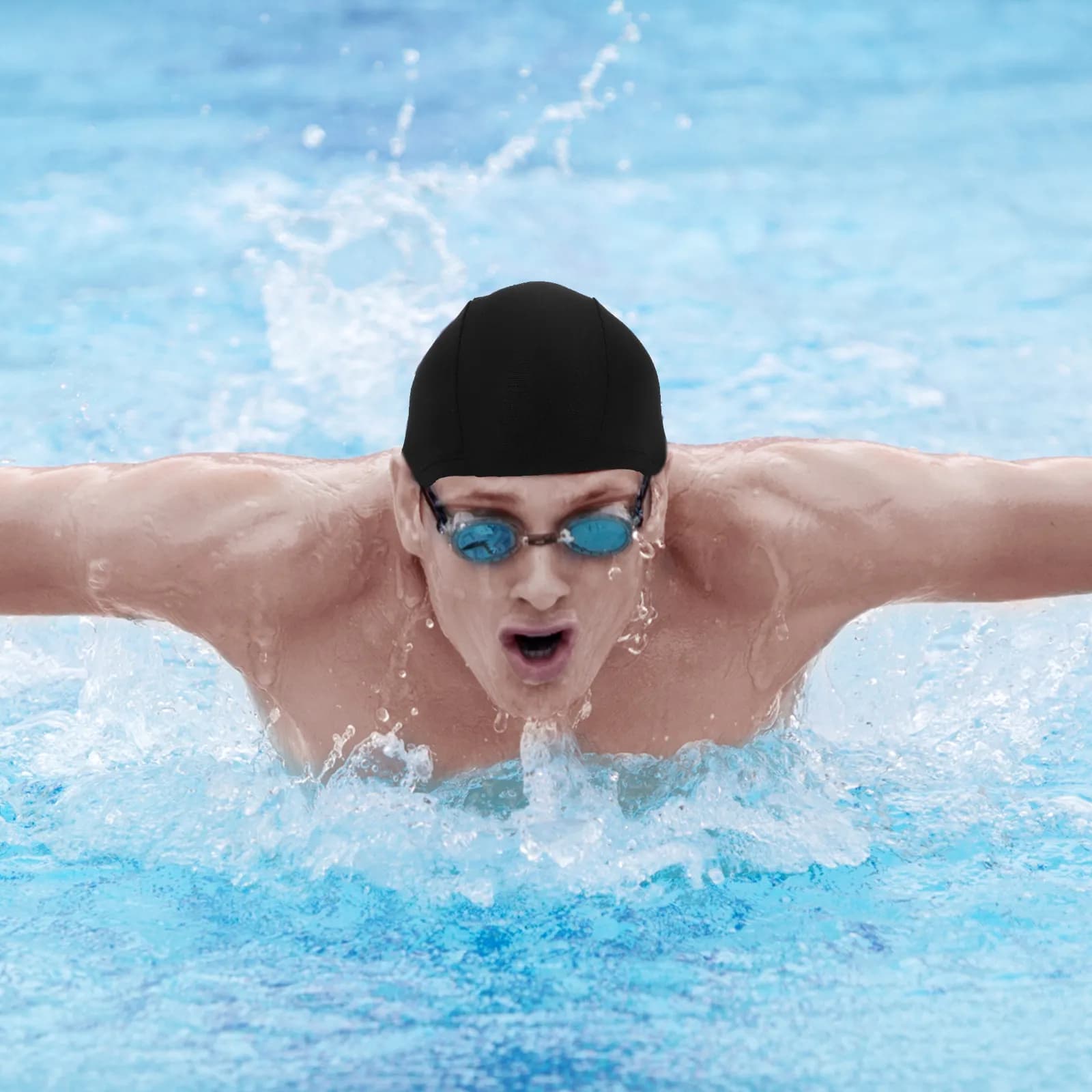 Adult Swim Cap Polyester Cloth Fabric Black Swimming Hat for Men Women Water Activities Comfortable Flower Swim Cap