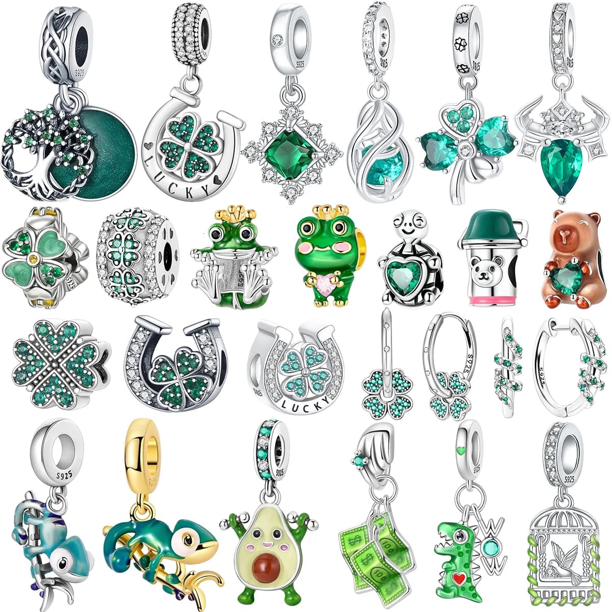 Nuovo originale argento sterling 925 verde charms quadrifoglio orecchini perline pendenti adatti braccialetto collana gioielli fai da te regalo