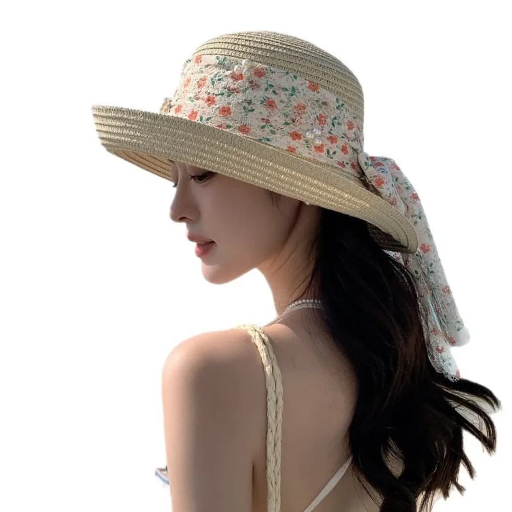 Cappello Parasole Traspirante con Fiori, Cappello da Pescatore Regolabile Anti-UV, Cappello di Paglia con Fiocco in Pizzo, Cappello da Sole Estivo a Tesa Larga e Morbida