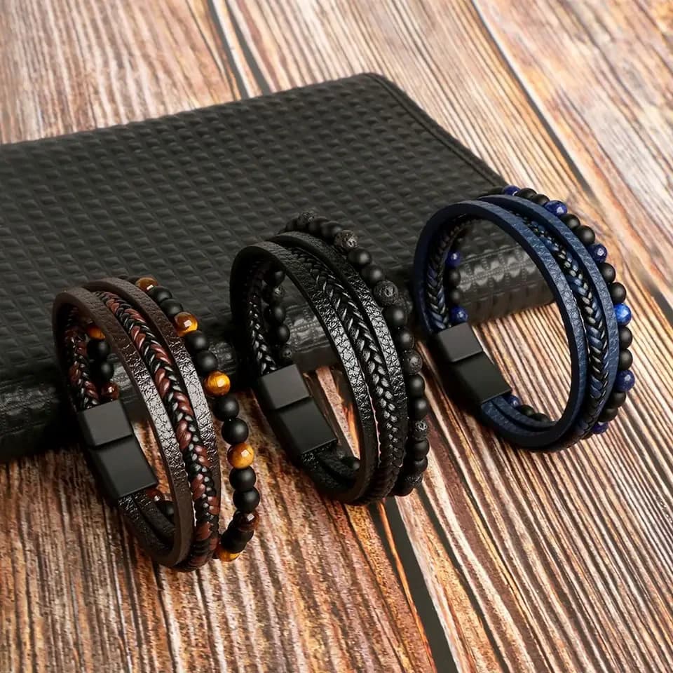 Bracciale in Pelle Intrecciata Fatto a Mano in 4 Stili alla Moda, Bracciale con Perline in Occhio di Tigre, Bracciale Punk Caratteristico