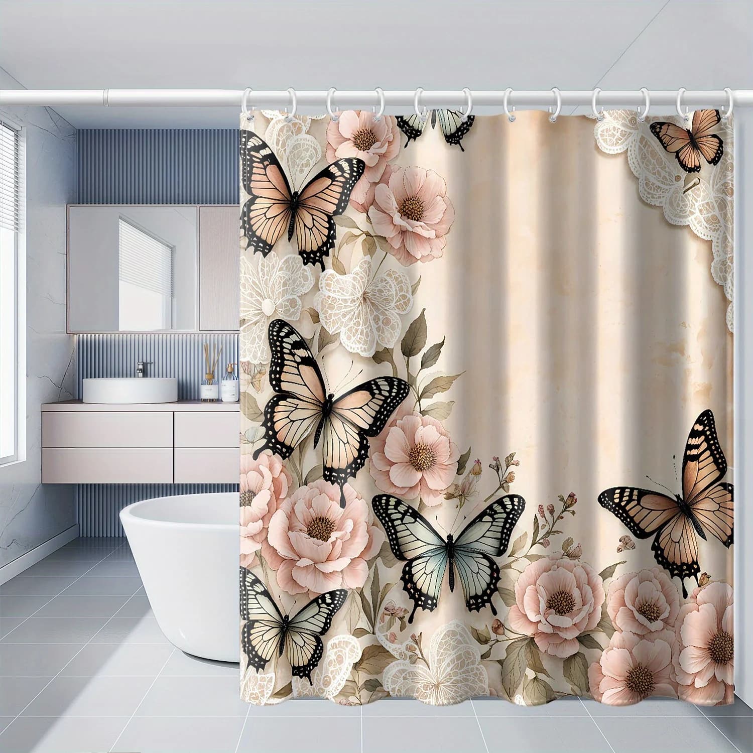 Tenda da Doccia con Farfalle Rosa, Decorazione Moderna Floreale Primaverile per Bagno, Impermeabile e Lavabile, per Arredo Bagno Domestico