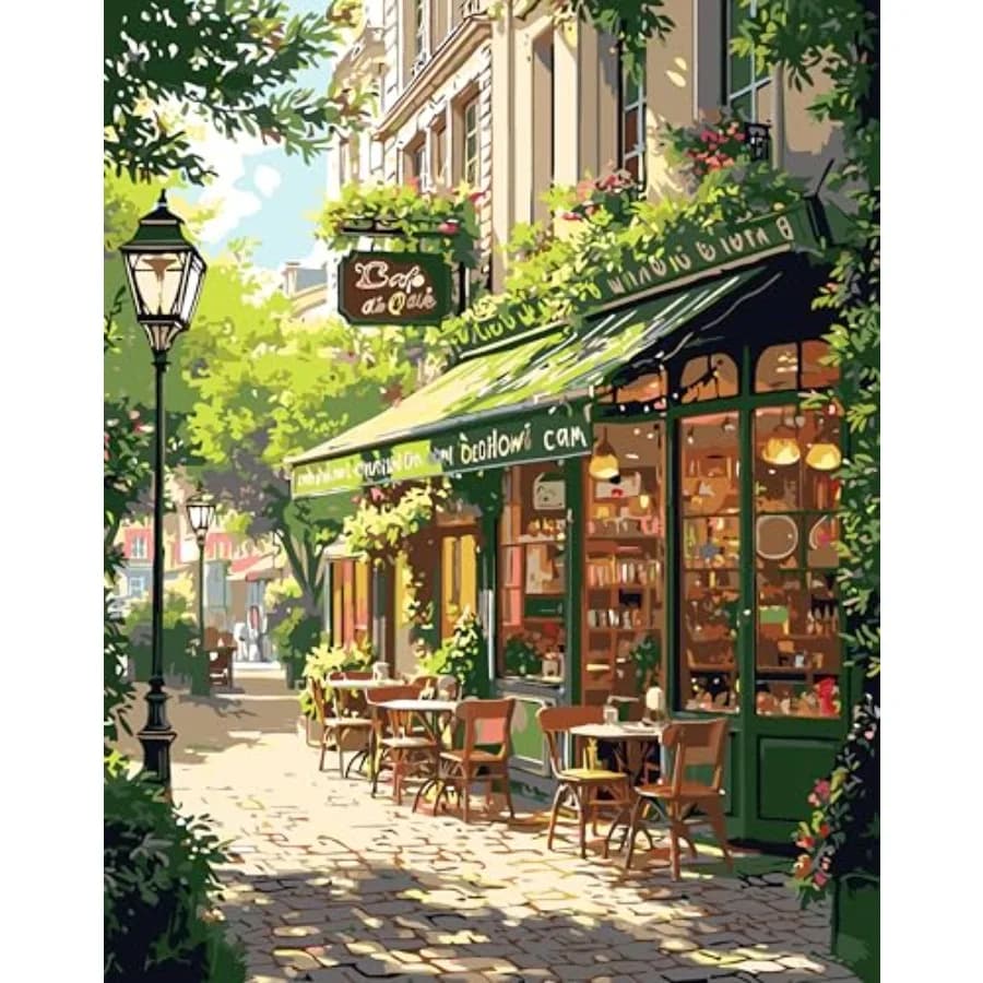 Paint by Numbers Kit for Adults, Easy Street Cafe Adult Paint by Number Kits on Canvas, Spring Scene DIY Acrylic Oil Number Pai