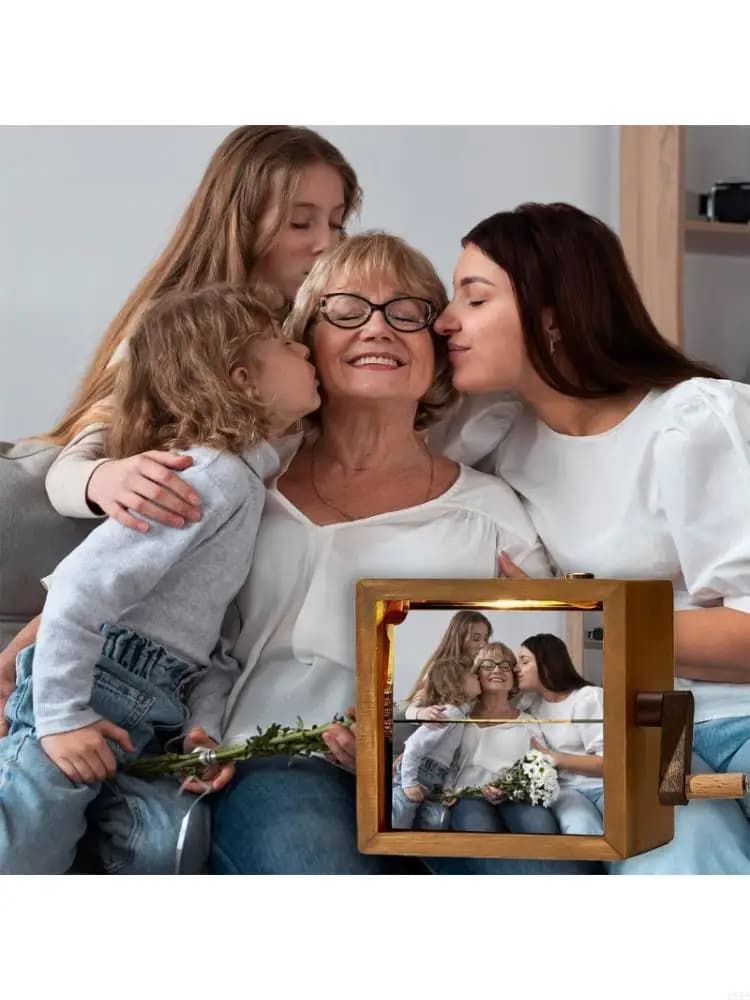Personalizing Flipbook Photo Viewer 16 Photo Capacity Manual Crank Mechanism Vintage Wood Picture Frame Photo Album Gift