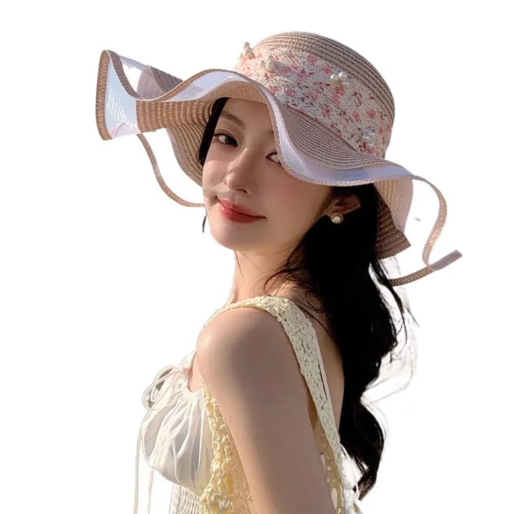 Breathable Lace Streamers Straw Hat Pearl Large Brim Wide Brim Sun Hat Anti UV Korean Style Fisherman Sunshade Cap Beach