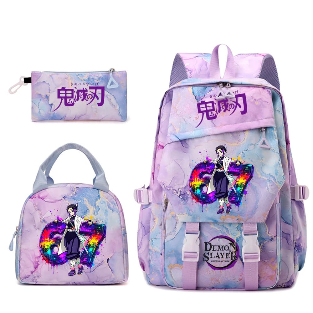 Shinobu Kocho 67 Anime Print Kids Backpack Set for Girls School Bags Lunch Purse Pencil Case Daily Lightweight Rucksack