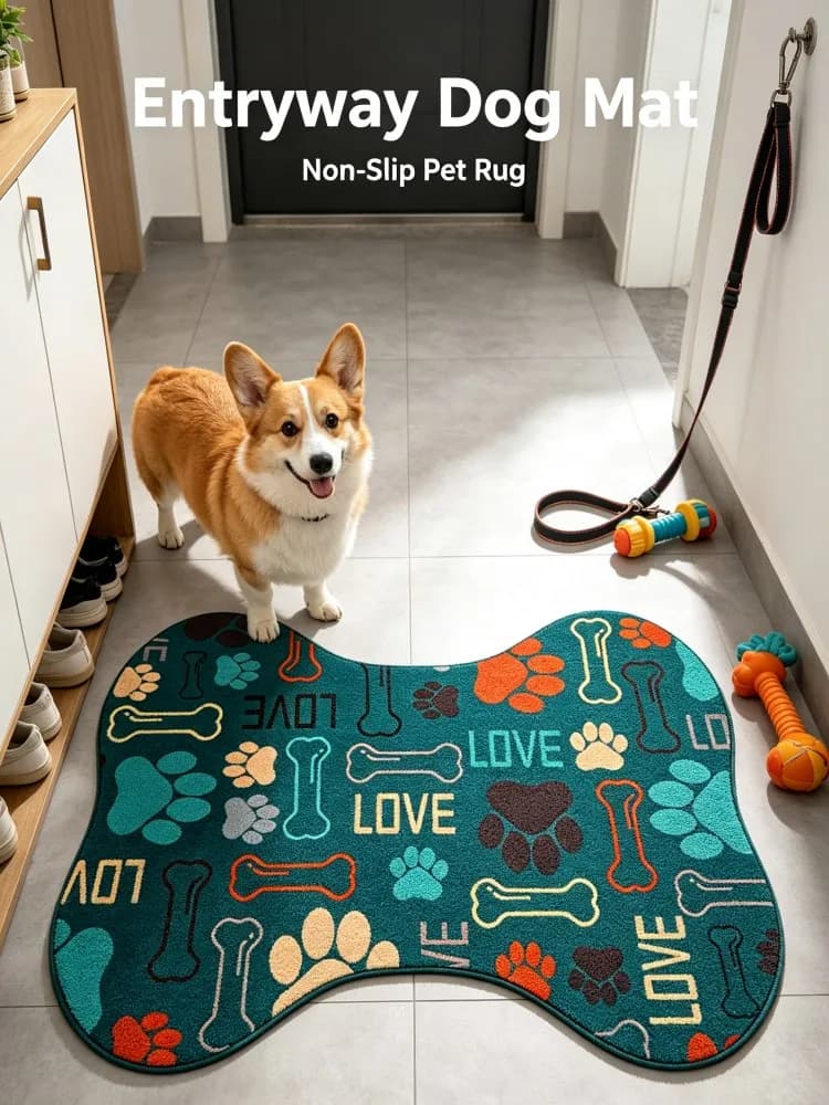 Bone‑Shaped Dog Feeding Mat Non‑Slip Absorbent Pet Food Bowl Pad Colorful Paw Print WOOF Pattern Floor Rug For Puppy Cat