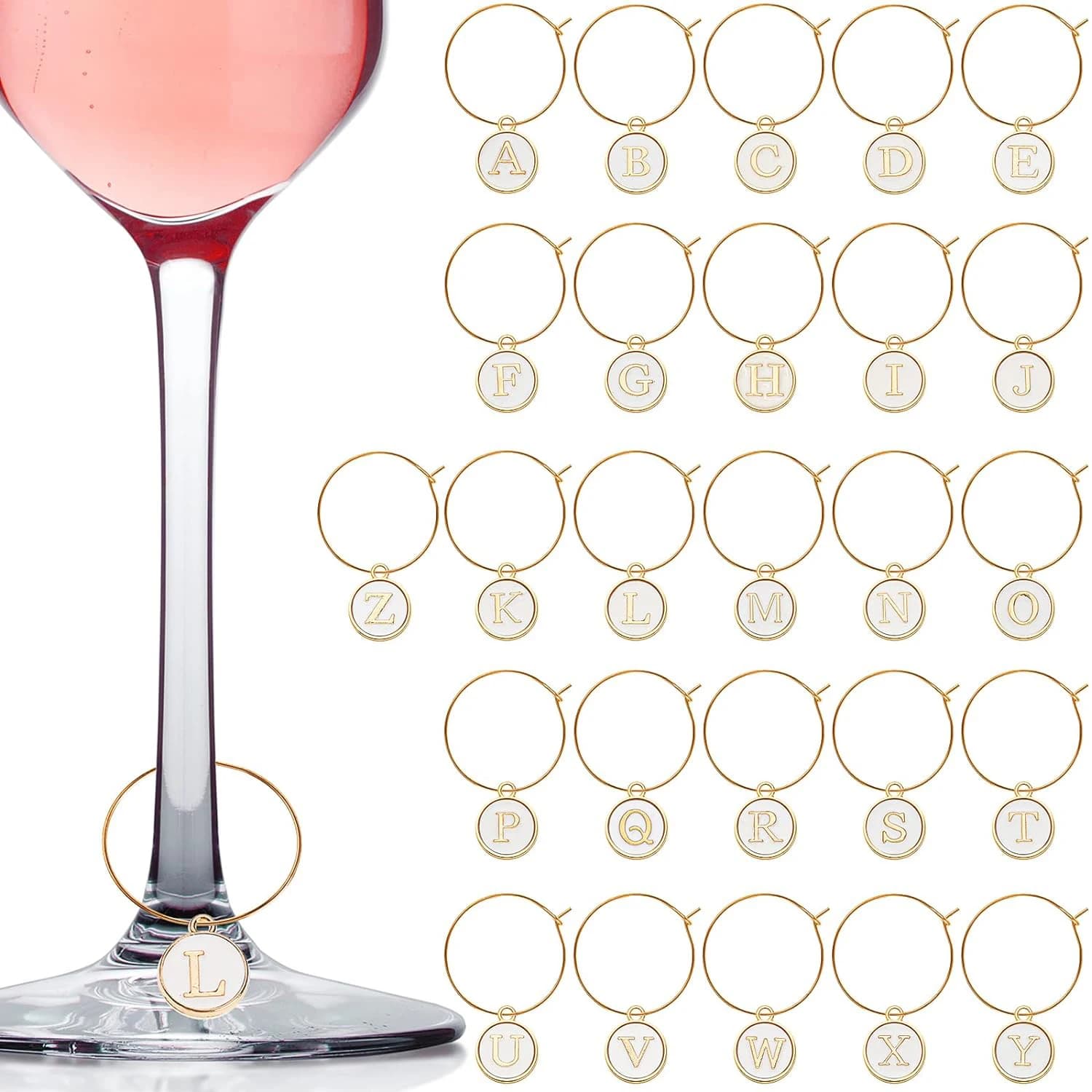 26 pezzi di ciondoli per vino per calici con anelli, etichette, lettere, pennarelli per ciondoli in vetro, identificatore per bicchiere di vino, per bomboniere e decorazioni.