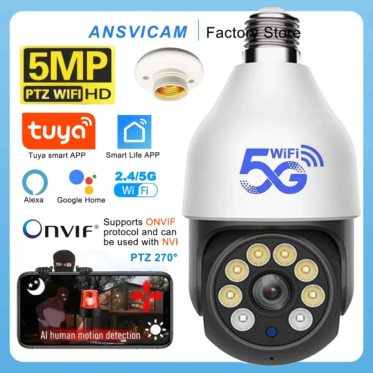 ANSVICAM 5MP Lampadina IP WIFI Camera 5G WiFi TUYA Smart Life Alexa Google Home Waterproof Night Vision External Security Camera
