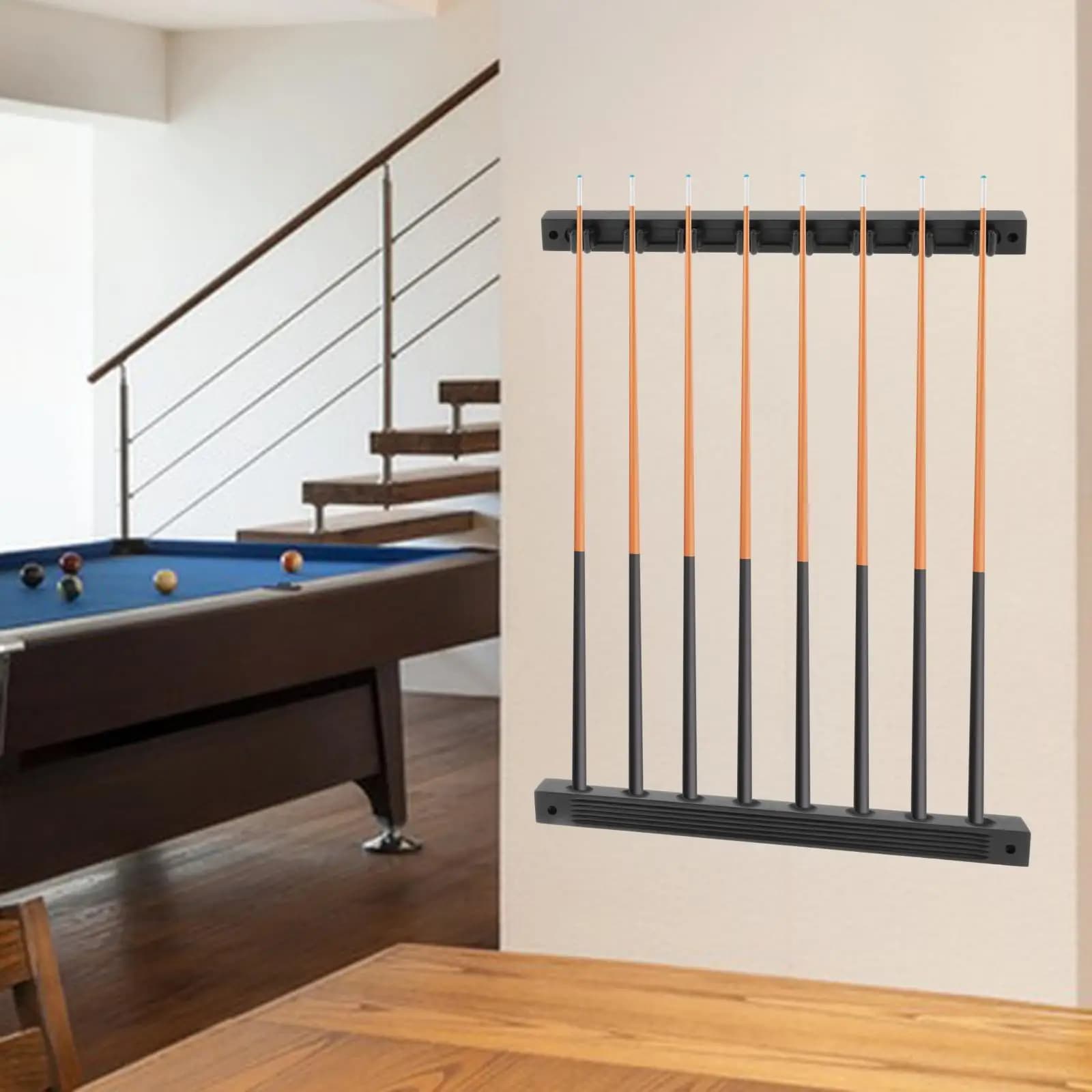 Supporto per asta da piscina in legno montato a parete con viti con 8 clip per stecca facilmente installabile