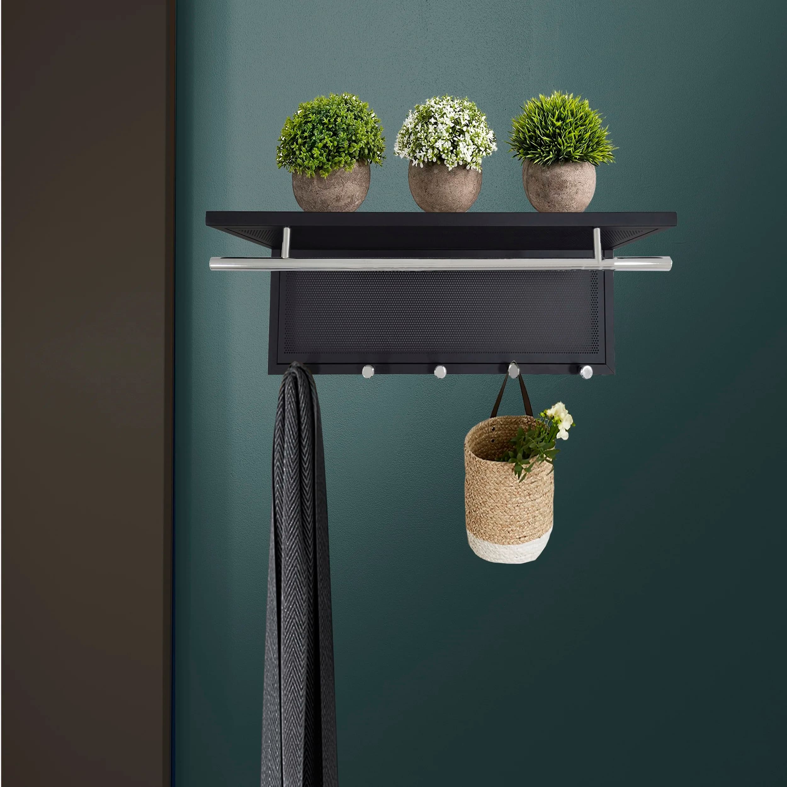 Metal Decorative Wall Hooks with Floating Shelf 5 Coat Hanger Clothes Rail Towel Holder Heavy Duty Wall Organizer Utility Rack for Living Room Entryway Mudroom