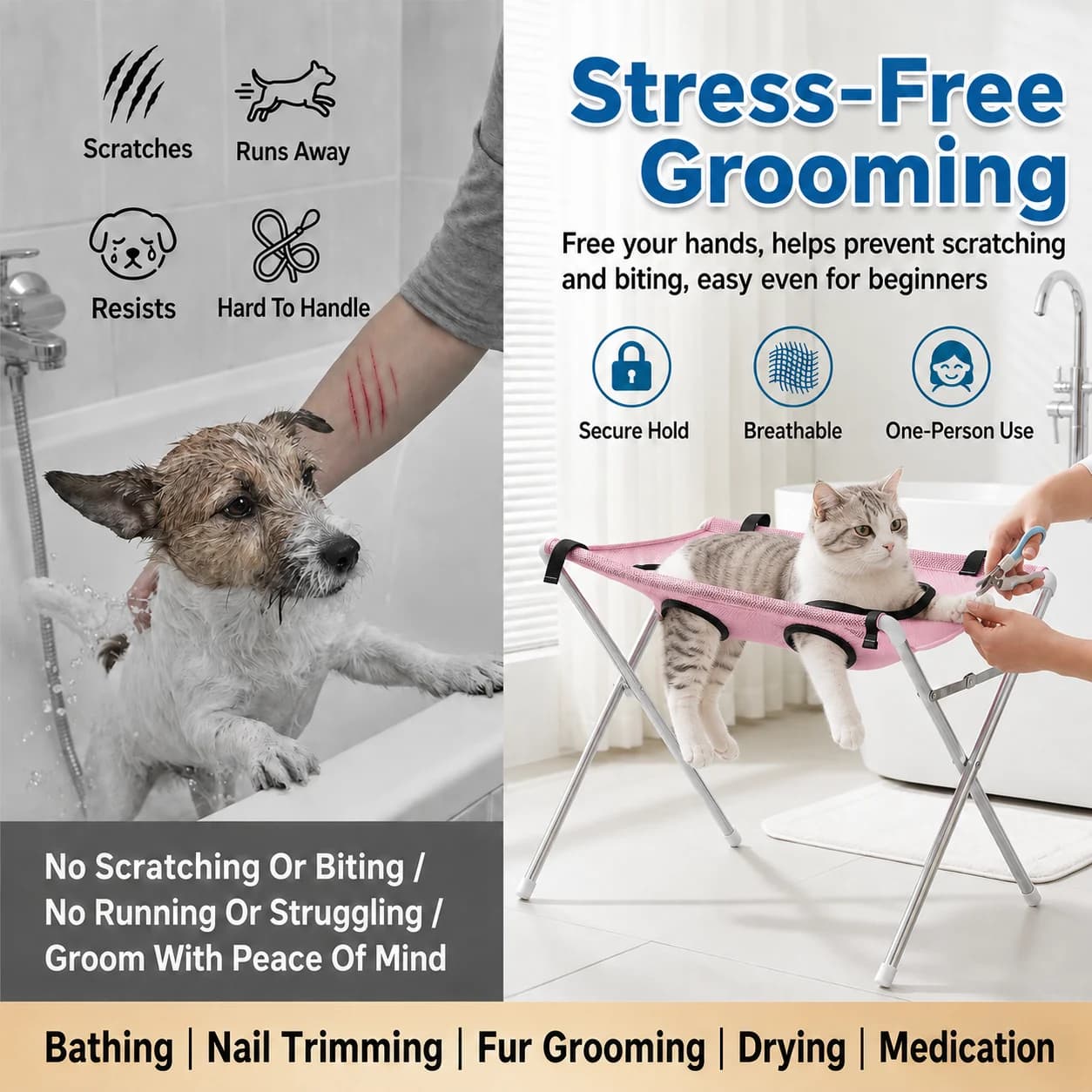 Dog Grooming Hammock Stand Foldable Pet Nail Clipping Harness Portable Restraint Stainless Steel Frame Breathable Mesh Care Tool