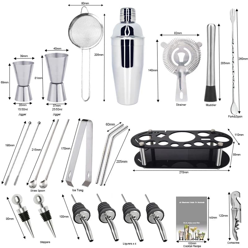 Kit di strumenti per shaker per cocktail barista 13-22 pezzi 750 ml 600 ml Boston Shaker per cocktail Strumenti da bar Set di miscelatori per vino con supporto