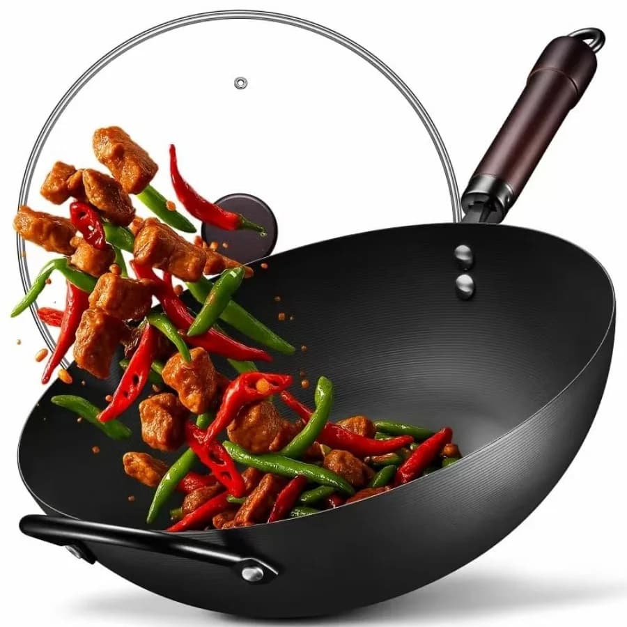 Wok da 1 pollice in acciaio al carbonio, padelle antiaderenti pre-stagionate da 5,8QT con fondo piatto, wok cinese, padella per paella con coperchio in carbonio S