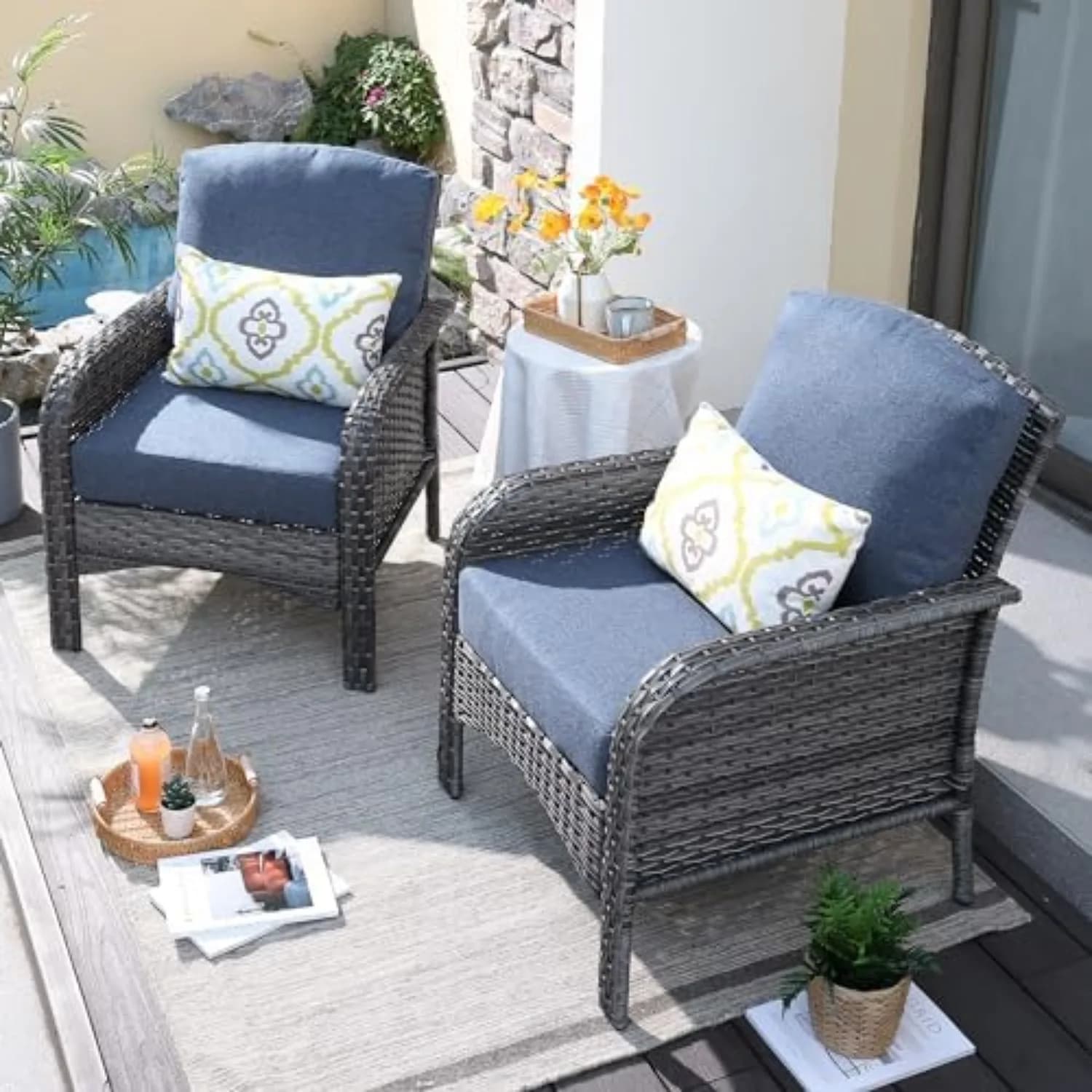 2-Piece Patio Furniture Set, Outdoor Wicker Sofa with Chairs, High Back Rattan Chair with Comfy Cushions for Porch Yard