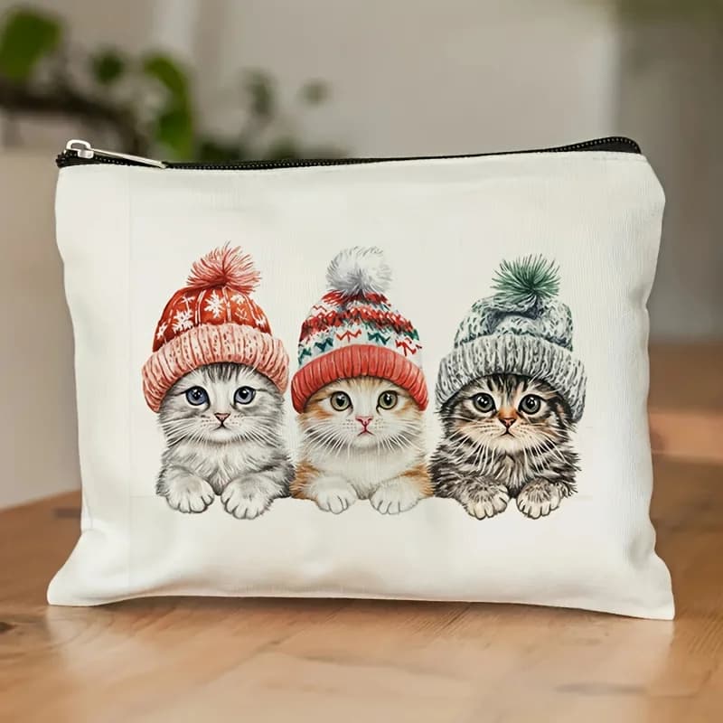 Una borsa per il trucco invernale con design a gattino e cappello: una simpatica custodia multifunzionale con cerniera, una borsa per riporre gioielli,