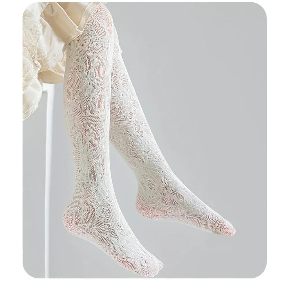 Collant per Bambini in Rete Sottile con Motivo a Cuori, Stile Lolita, Bianco, in Pizzo, Tinta Unita