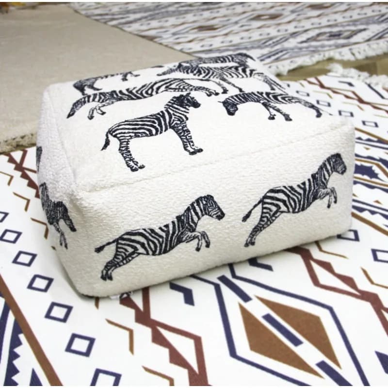 White Zebra Print Floor Cushion Meditation Pouf Stool for Yoga Washable Round Seat Plush Decorative Accent Pillow for Home