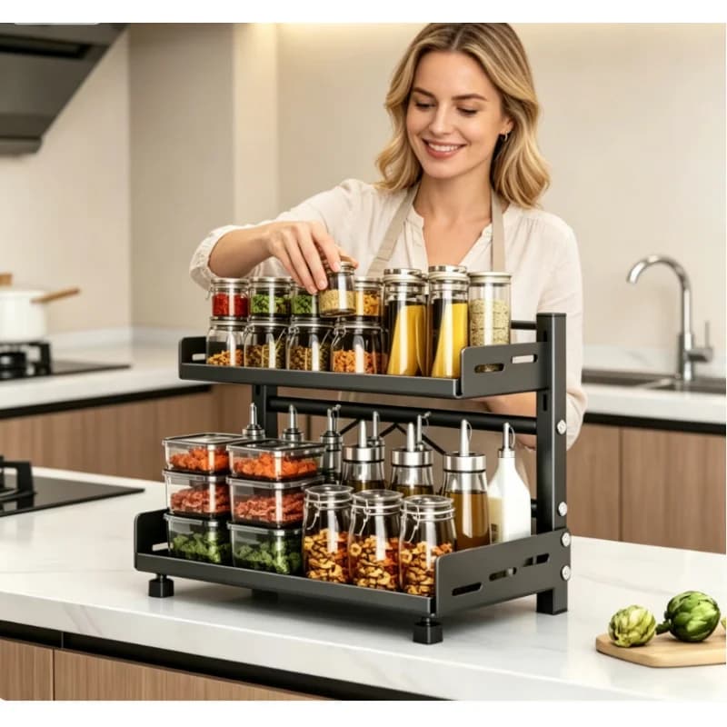 Scaffale da cucina multistrato in metallo nero, regolabile, da appoggio, per organizzare e conservare spezie e condimenti, per uso domestico.