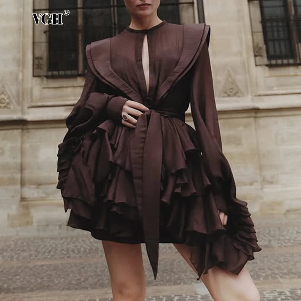 VGH Abito a sbuffo scavato patchwork sexy per donna Girocollo Manica a lanterna Vita alta Impiombato Abiti solidi con lacci Donna Nuovo