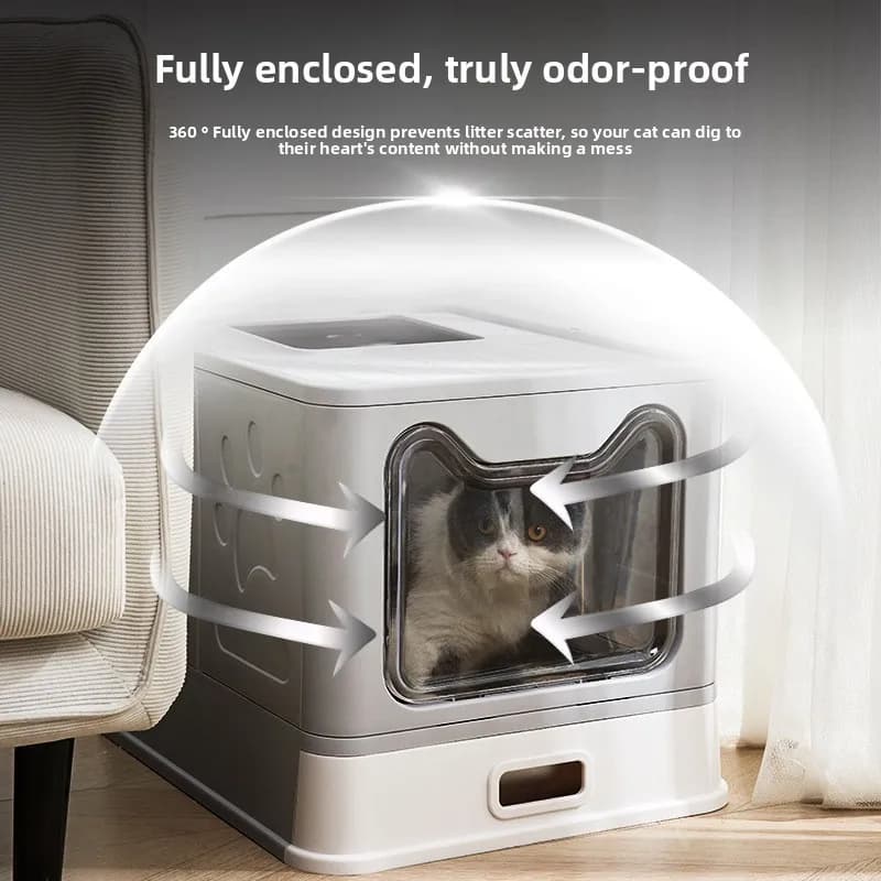 Lettiera per Gatti Grande Pieghevole in Acciaio Inossidabile con Coperchio, Anti-Schizzi, Chiusa, Autopulente, Toilette Automatica per Gatti
