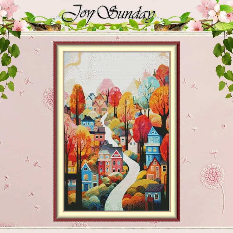 A Small Town in Autumn Patterns Counted Cross Stitch Set 11CT 14CT 16CT HD Stamped DMC Cross-stitch Kit Embroidery Needlework