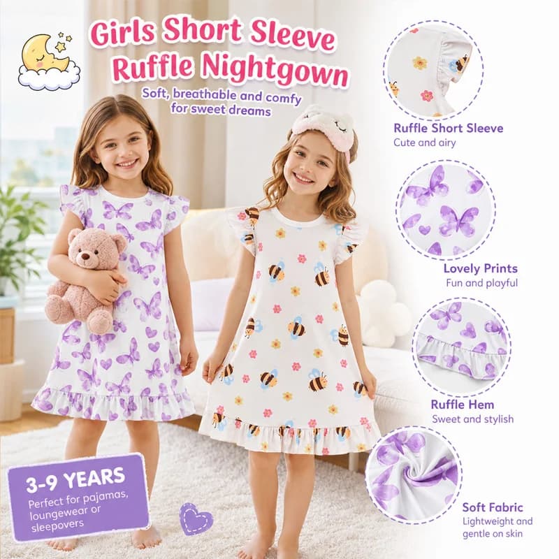 Little Hand Girls Short Sleeve Nightgown Ruffle Bee Butterfly Print Kids Sleep Dress Home Loungewear for 3-10 Years Old