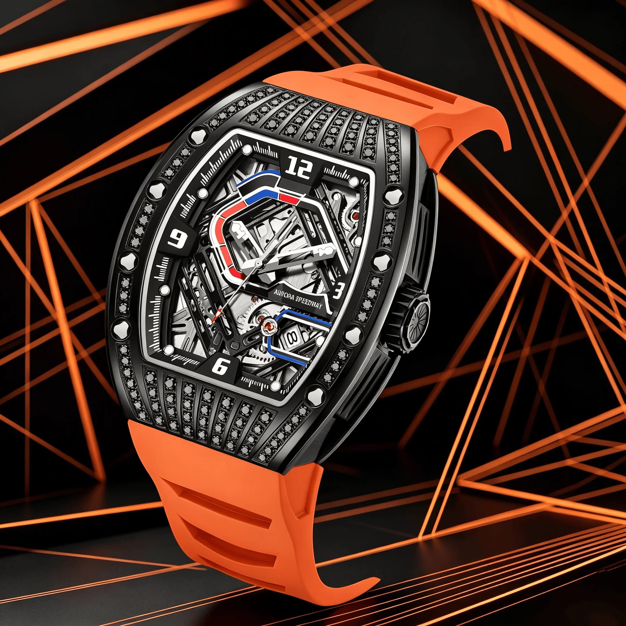 Orologio Automatico Scheletrato da Uomo HANBRO, Meccanico Tonneau con Diamanti Neri, Sportivo Impermeabile per Uomo Streetwear9036