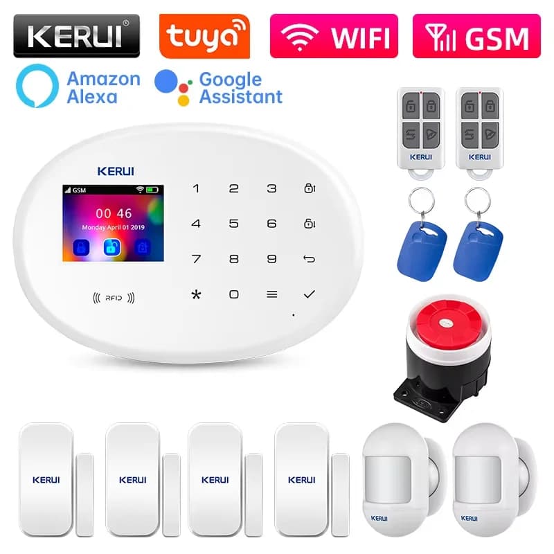 KERUI Tuya Sistema di Allarme di Sicurezza Domestica Intelligente Alexa WiFi GSM Kit di Allarme Domestico con Rilevatore PIR Sensore Porta di Apertura W202 Antifurto