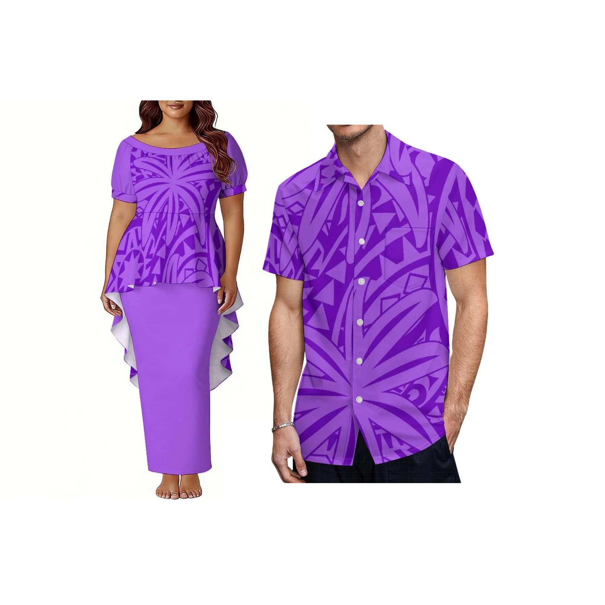 New Custom Women's Dress with Fish Coda Design, Puletasi Tonga Dress, Top and Rubber Two Pieces, Smurf Court Sleeves, Round Neck