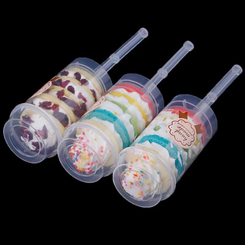 10 pezzi Push Up Cake Shooter Forma rotonda Supporti per torte trasparenti Push Pop Contenitori in plastica con coperchi per la stampaggio di gelati
