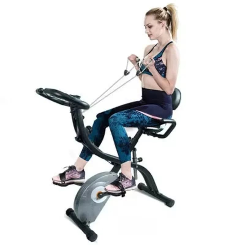 Foldable indoor cycling cycles, magnetic vertical stationary bike with arms resistance bands, improves full body training