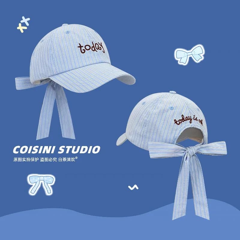 Korean Sweet Bow Ribbon Design Baseball Cap Y2K Spring Summer Travel Fashion Sunscreen Versatile Contrast Striped Women's Hats