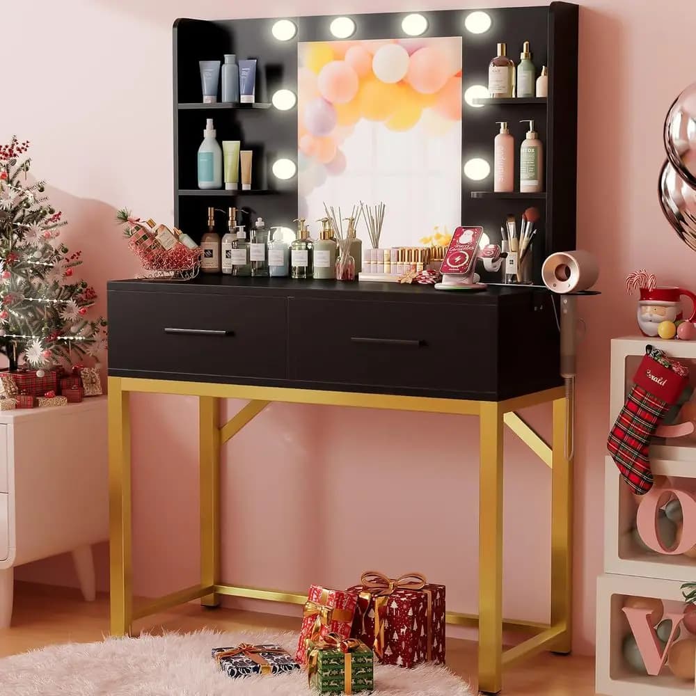 Tavolino da Trucco Compatto con Specchio, Luce LED, Presa di Corrente e Supporto per Asciugacapelli - Nero e Oro