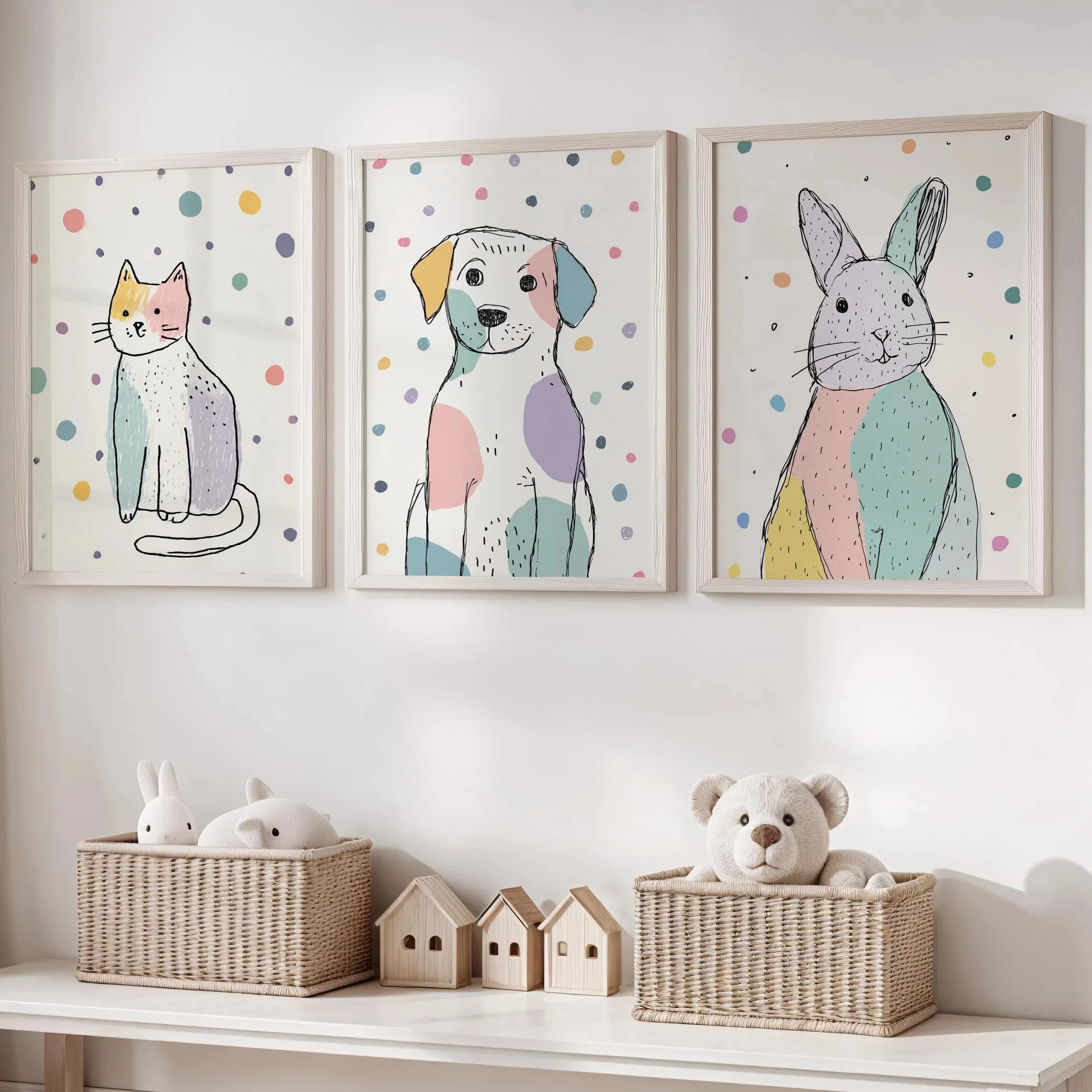 3pcs frameless Canvas Painting 3Pcs Pet Pals Nursery Wall Art,Cute Cat Dog Rabbit Pastel Canvas Prints,Colorful Polka Dot Animal