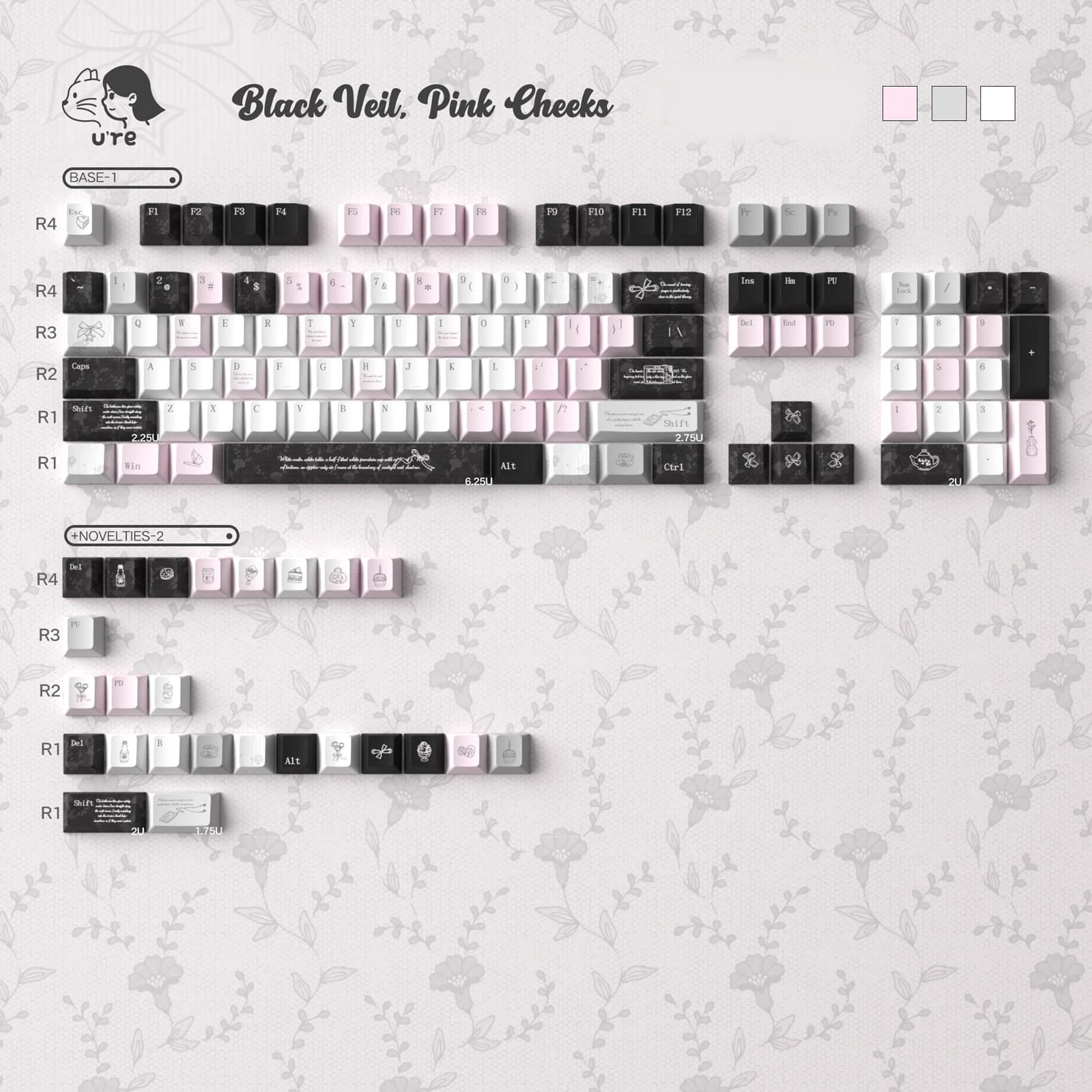 Black Veil Pink Cheeks Keycaps Dye-Sub Cherry Profile PBT Keycaps Sets Customized Girls Key Caps For MX Mechanical Keyboard