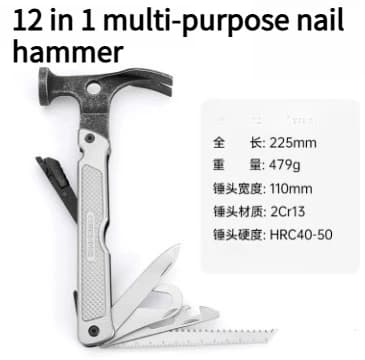 12 in 1 Multifunctional Self-defense Tactical Hammer Tent Nail Camping Tool Outdoor Hiking Survival Equipment