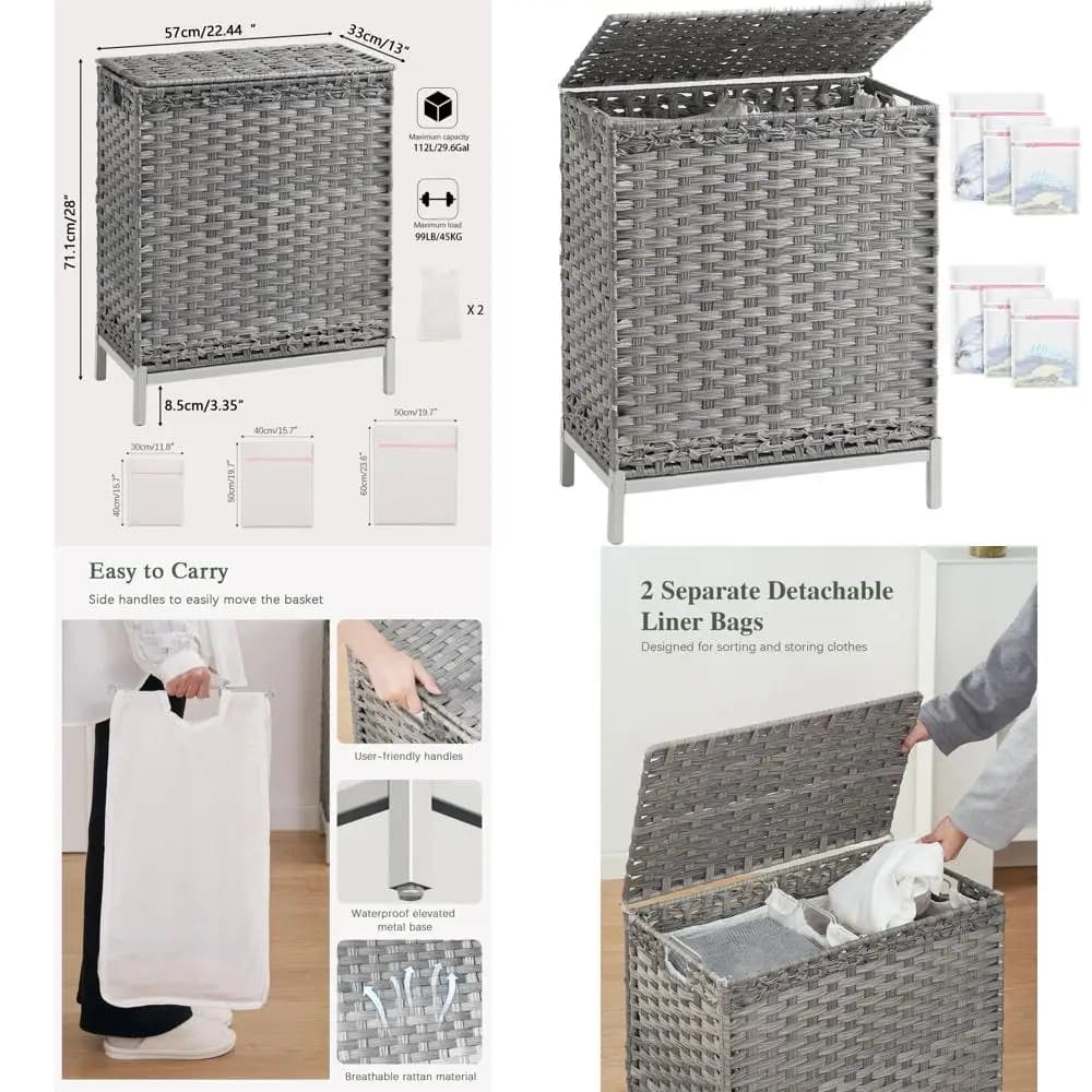 112L Grey Rattan Winery Basket with Cover, 2 Removable Bags, 6 Pockets on the Net, Ideal for Preserving Bedroom Clothes