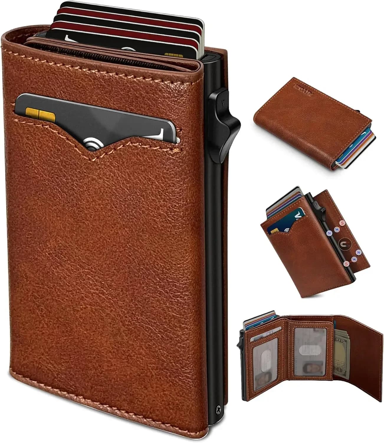 Portafoglio sottile a tre ante da uomo con porta carte a scomparsa, tasca per contanti, 2 finestre per documenti, chiusura magnetica, blocco RFID