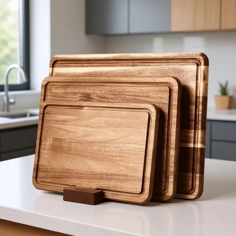 Set of 3 Taglieri in Acacia Wood with Deep Groove for Succhi, for Use in Kitchen