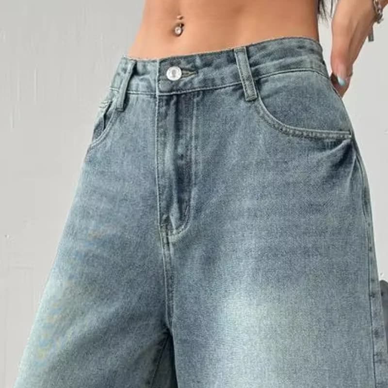 Shorts in denim da donna classici a vita alta, lunghezza al ginocchio, modello baggy, gamba larga, con doppia tasca