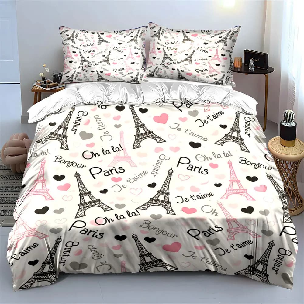 Set di biancheria da letto con decorazioni romantiche della Torre Eiffel, con 1 copripiumino e 2 federe, singolo, matrimoniale, king size, queen size, regalo