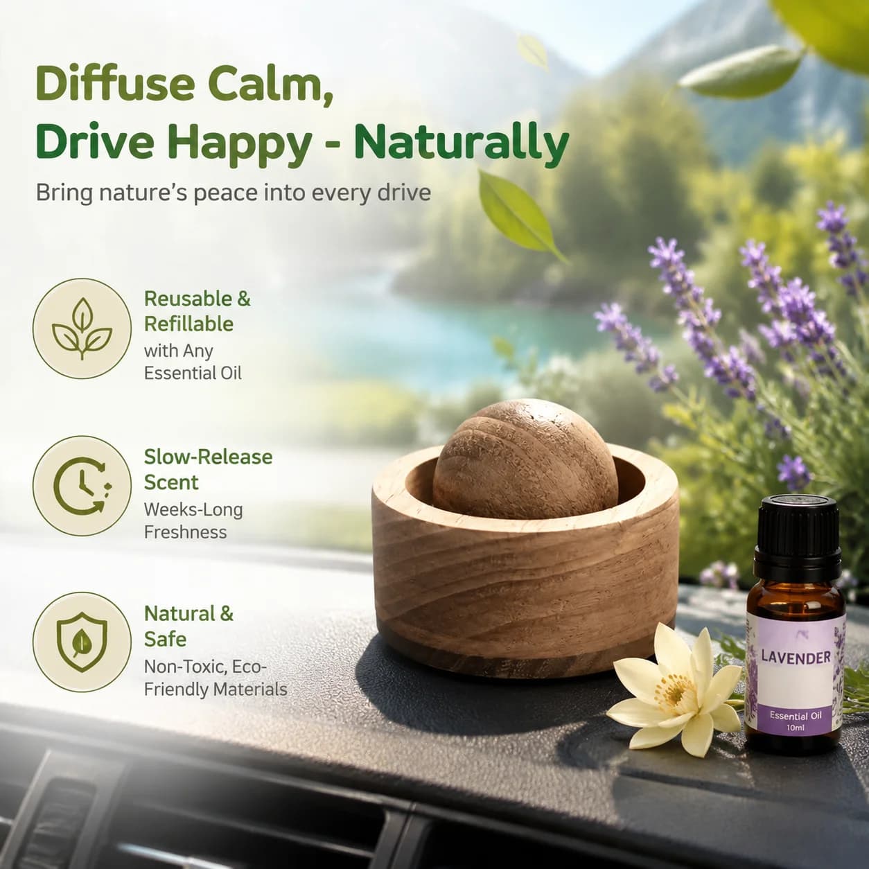 No-Leak Wooden Car Diffuser, Long-Lasting Essential Oil Air Freshener, Natural Wood Car Perfume for Auto Home Office