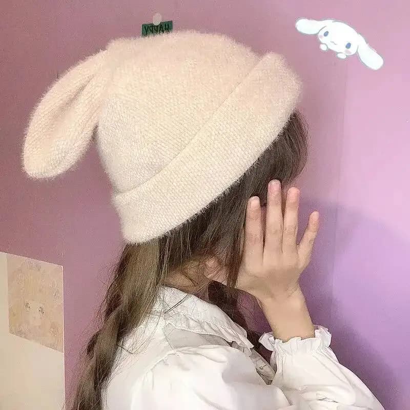 Cute Rabbit Ears Women Winter Warm Plus Veet Japanese Style Kawaii Chenille Woolen Cap Female Knitted Hat