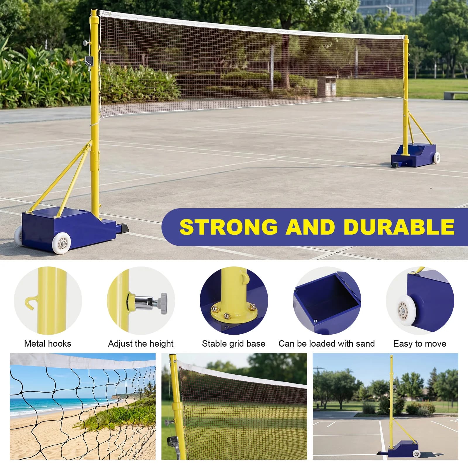 Pali per Pallavolo e Badminton con Ruote e Reti, 2 Altezze Regolabili per Giardino, Esterni e Stadi