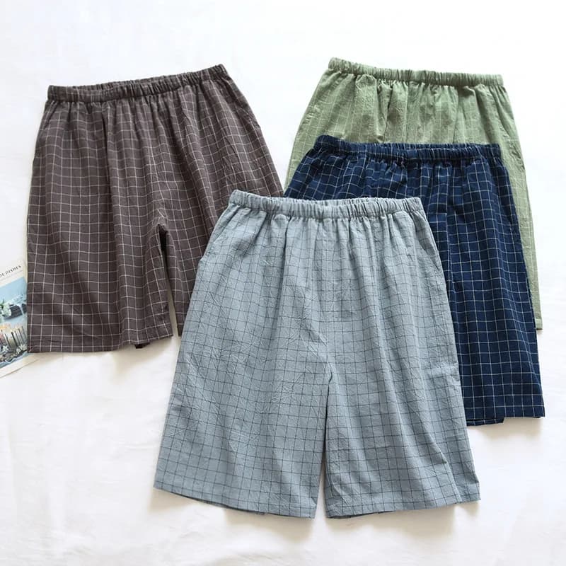 Men's Cotton Pajama Shorts Solid Color Plaid Elastic Waist Loose Breathable Summer Casual Home Wear M-4XL