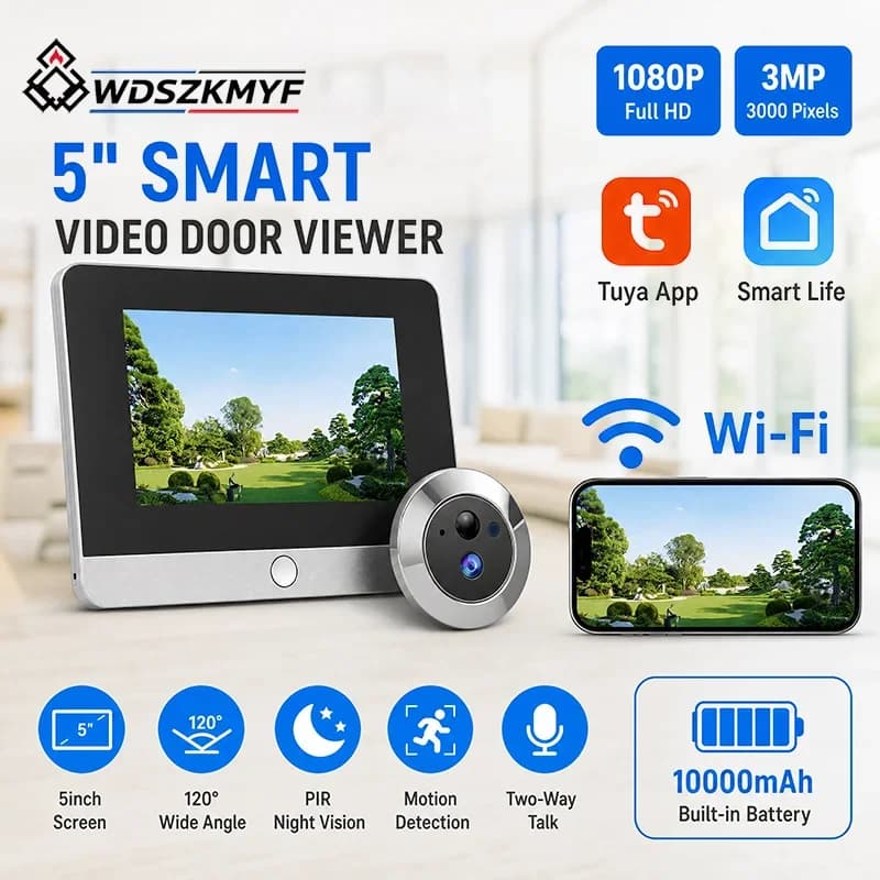 Wireless Battery Cat Eye Camera 5" Screen 3MP WiFi Tuya SmartLife Infrared Night Vision PIR Motion Detect Digital Door Viewer