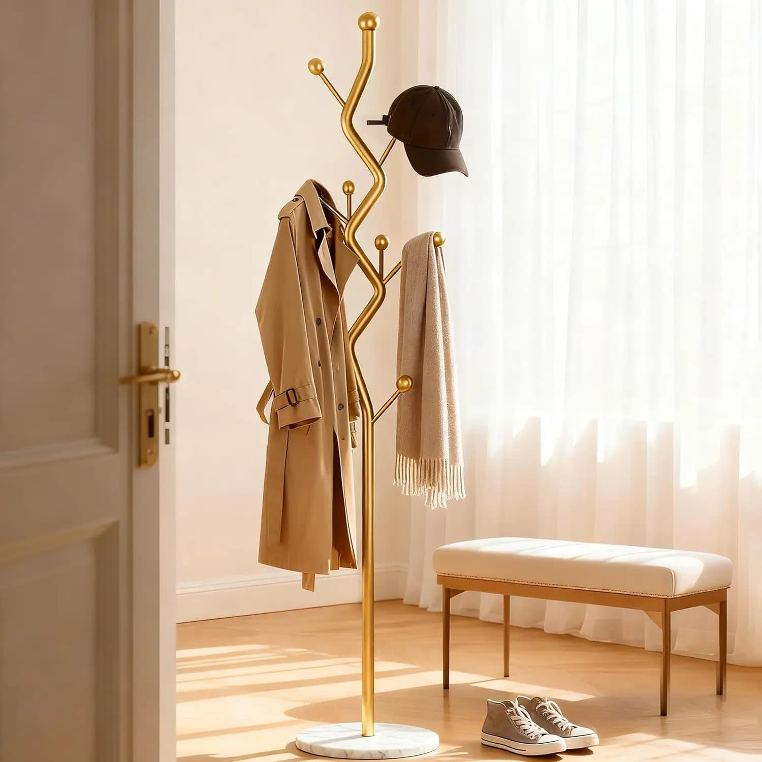 Gold Freestanding Coat Rack Tree,with Sturdy Marble Base for Entryway,Hallway,Bedroom,Holds Coats Hats Bags Scarves