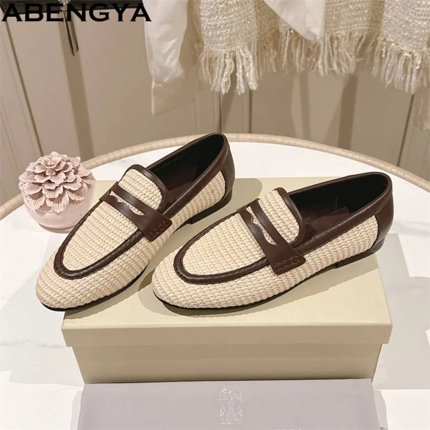 2026 Cane Weave Leather Spring Slip On Loafers Women's Mules Flat Causal Shoes Round Toe Formal Shoes Ladies