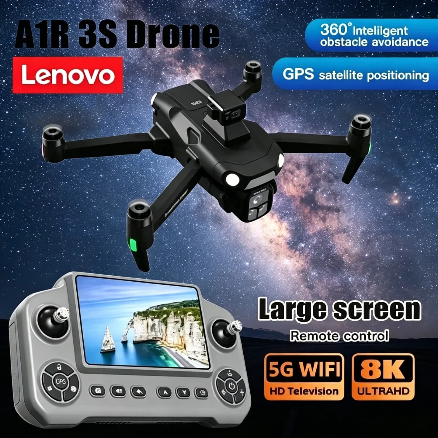 Lenovo A1R 3S Foldable Aerial Drone 8K Professional Camera GPS FPV Brushless Laser Obstacle Avoidance Large Screen RC