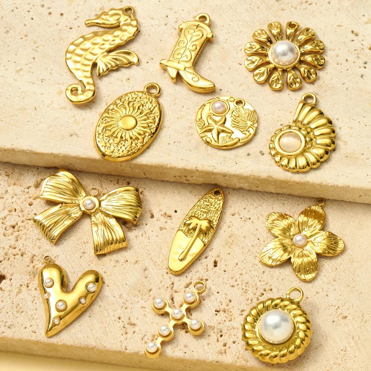 3 pz/lotto francese in acciaio inossidabile perla croce fiore fai da te orecchino charms boot conchiglia pendenti collana donne fiocco nodo cuore gioielli
